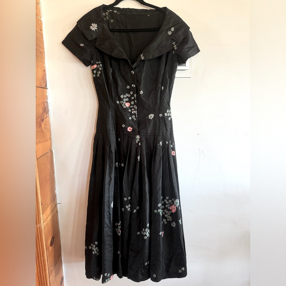 VTG women’s XS 50’s floral taffeta midi dress cocktail party dance reenactment - Picture 1 of 11